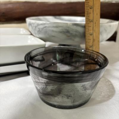 LOT 105: Four (4) Piece Ceramic Condiment / Relish Dish with Metal Rack, Crate & Barrel Marbles Compote and More