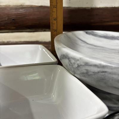 LOT 105: Four (4) Piece Ceramic Condiment / Relish Dish with Metal Rack, Crate & Barrel Marbles Compote and More