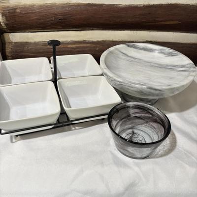 LOT 105: Four (4) Piece Ceramic Condiment / Relish Dish with Metal Rack, Crate & Barrel Marbles Compote and More