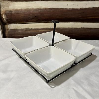 LOT 105: Four (4) Piece Ceramic Condiment / Relish Dish with Metal Rack, Crate & Barrel Marbles Compote and More