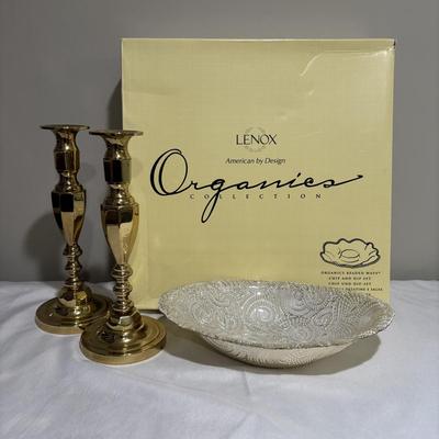 LOT 106: Lenox Organics Beaded Wave Chip and Dip Set In Original Box, Brass Candlesticks Metal Bowl