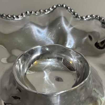 LOT 106: Lenox Organics Beaded Wave Chip and Dip Set In Original Box, Brass Candlesticks Metal Bowl