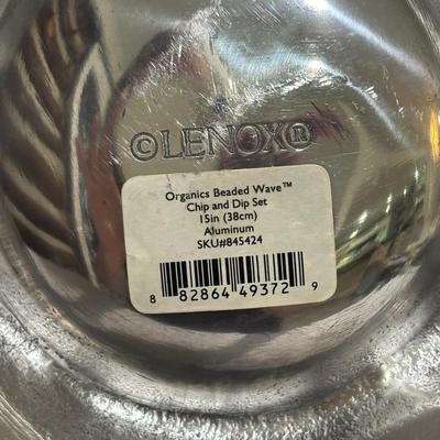 LOT 106: Lenox Organics Beaded Wave Chip and Dip Set In Original Box, Brass Candlesticks Metal Bowl