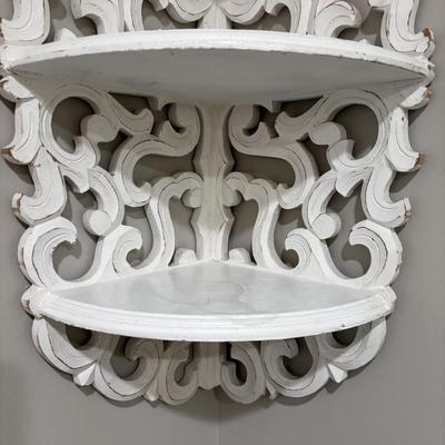 LOT 107: White Wall Mounted Three (3) Tier Corner Shelf with Plant and Terrarium