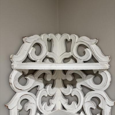 LOT 107: White Wall Mounted Three (3) Tier Corner Shelf with Plant and Terrarium