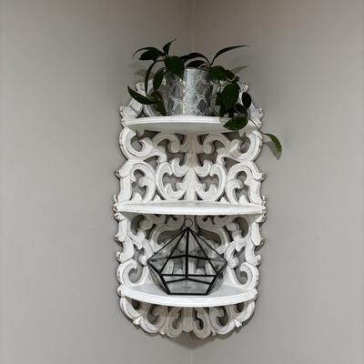 LOT 107: White Wall Mounted Three (3) Tier Corner Shelf with Plant and Terrarium