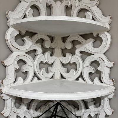 LOT 107: White Wall Mounted Three (3) Tier Corner Shelf with Plant and Terrarium