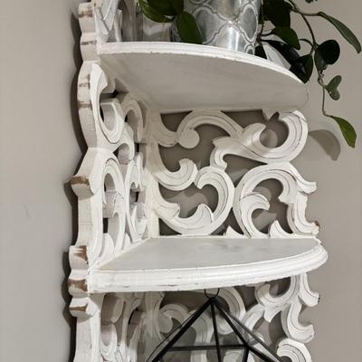 LOT 107: White Wall Mounted Three (3) Tier Corner Shelf with Plant and Terrarium