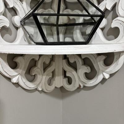 LOT 107: White Wall Mounted Three (3) Tier Corner Shelf with Plant and Terrarium