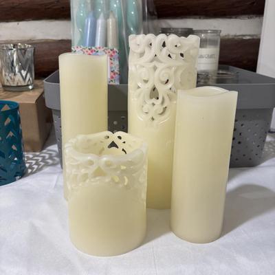 LOT 108: Large Selection Slightly Burned of Scented Candles and Candle Holders Including Flameless Candles