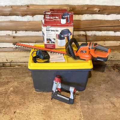 LOT 110: Pneumatic Air Nail Gun, Max Lander Battery Power Cordless Hedge Trimmer, and Electric Paint Spray Gun
