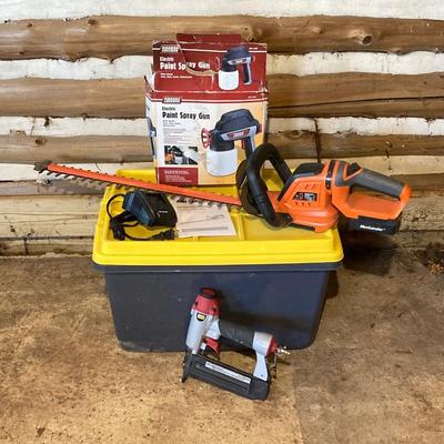 LOT 110: Pneumatic Air Nail Gun, Max Lander Battery Power Cordless Hedge Trimmer, and Electric Paint Spray Gun