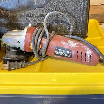 LOT 111: Craftsman Three Inch Belt Sander with Carry Case, Black & Decker Electric Orbital Sander, Chicago Electric Angle Grinder