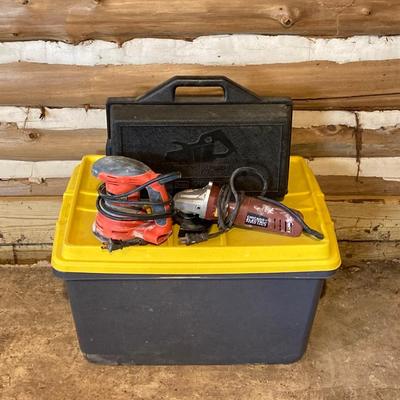 LOT 111: Craftsman Three Inch Belt Sander with Carry Case, Black & Decker Electric Orbital Sander, Chicago Electric Angle Grinder