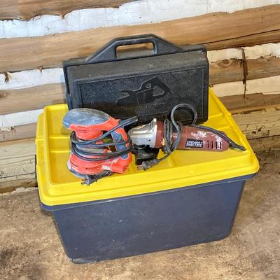 LOT 111: Craftsman Three Inch Belt Sander with Carry Case, Black & Decker Electric Orbital Sander, Chicago Electric Angle Grinder