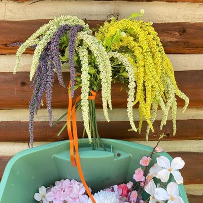 LOT 116: Large Assortment of Faux Flowers, Hand Crafted Wreath and Children's Very Own Sewing Machine