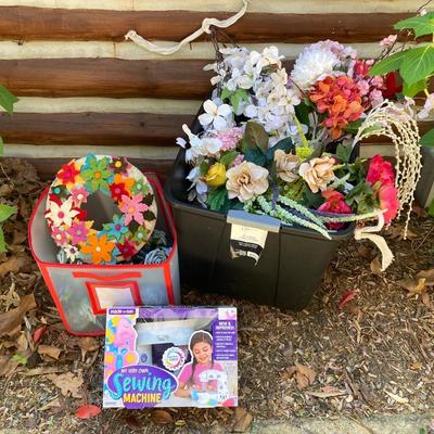 LOT 116: Large Assortment of Faux Flowers, Hand Crafted Wreath and Children's Very Own Sewing Machine