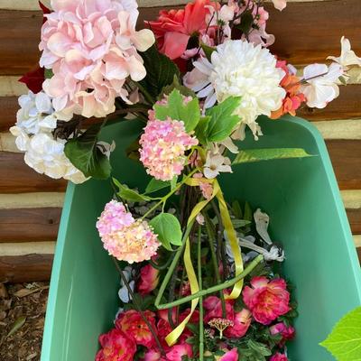 LOT 116: Large Assortment of Faux Flowers, Hand Crafted Wreath and Children's Very Own Sewing Machine