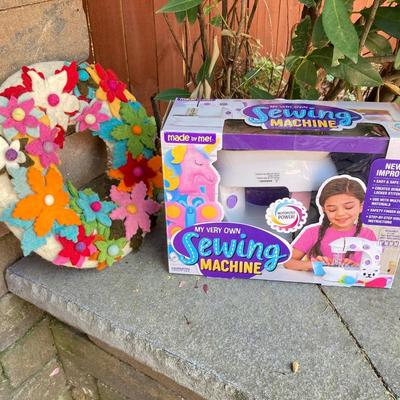 LOT 116: Large Assortment of Faux Flowers, Hand Crafted Wreath and Children's Very Own Sewing Machine
