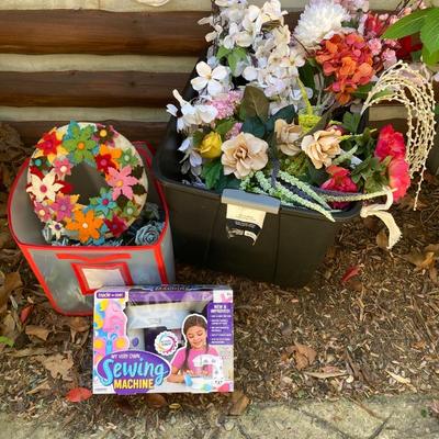 LOT 116: Large Assortment of Faux Flowers, Hand Crafted Wreath and Children's Very Own Sewing Machine