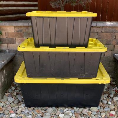 LOT 117: Set of Three (3) HDX Tough Totes with Lids 27gal, 38 gal and 55 gal