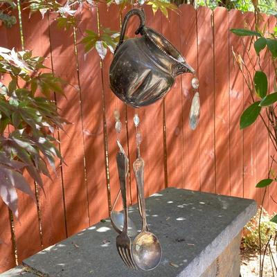 LOT 121: Home Decor Collection - Ceramic / Pottery Planters, Silver Plated Pitcher and Utensil Wind Chimes, Two White Wire Bird Cages and...