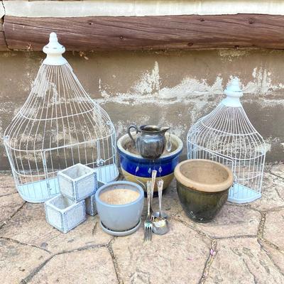 LOT 121: Home Decor Collection - Ceramic / Pottery Planters, Silver Plated Pitcher and Utensil Wind Chimes, Two White Wire Bird Cages and...