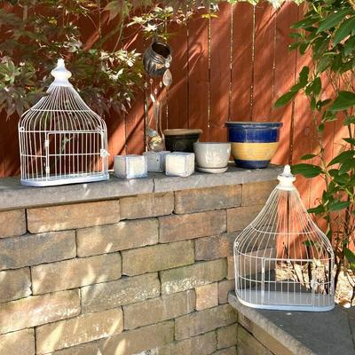 LOT 121: Home Decor Collection - Ceramic / Pottery Planters, Silver Plated Pitcher and Utensil Wind Chimes, Two White Wire Bird Cages and...