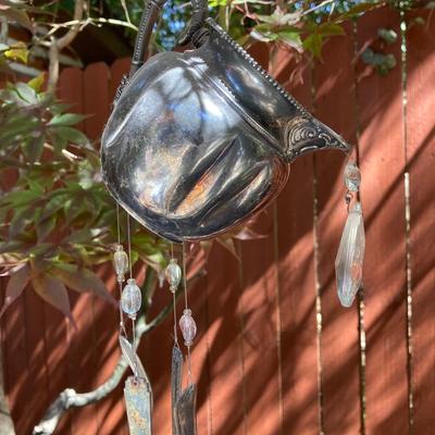LOT 121: Home Decor Collection - Ceramic / Pottery Planters, Silver Plated Pitcher and Utensil Wind Chimes, Two White Wire Bird Cages and...
