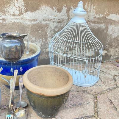 LOT 121: Home Decor Collection - Ceramic / Pottery Planters, Silver Plated Pitcher and Utensil Wind Chimes, Two White Wire Bird Cages and...