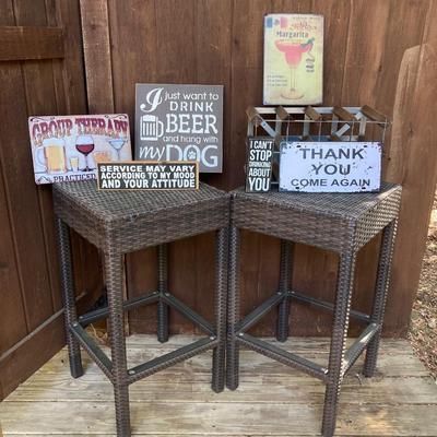 LOT 122: Cheers - A Collection of Bar Signs, Wine Rack and Set of Two (2) Bar Stools