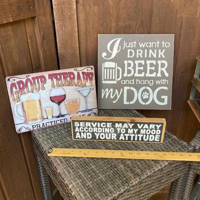 LOT 122: Cheers - A Collection of Bar Signs, Wine Rack and Set of Two (2) Bar Stools