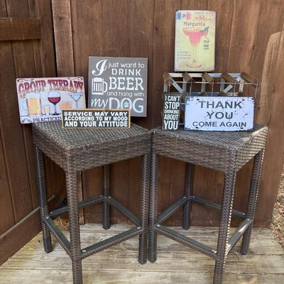 LOT 122: Cheers - A Collection of Bar Signs, Wine Rack and Set of Two (2) Bar Stools
