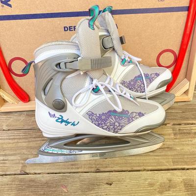 LOT 126: Nok Champion Hockey by Carrom Wooden Board, Bladerunner Adult Ice Skates, Children's Ice Skates / Adidas Shin Guards and...