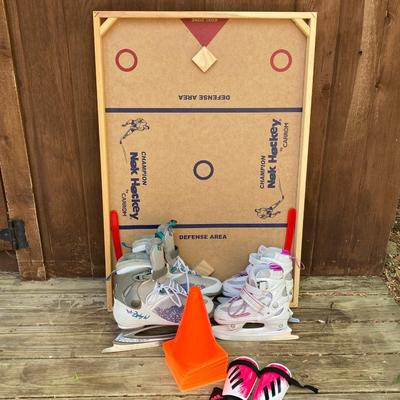 LOT 126: Nok Champion Hockey by Carrom Wooden Board, Bladerunner Adult Ice Skates, Children's Ice Skates / Adidas Shin Guards and...