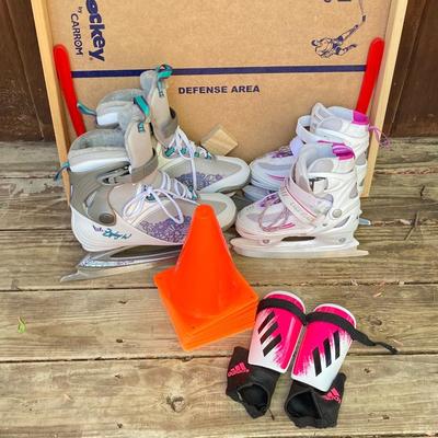 LOT 126: Nok Champion Hockey by Carrom Wooden Board, Bladerunner Adult Ice Skates, Children's Ice Skates / Adidas Shin Guards and...
