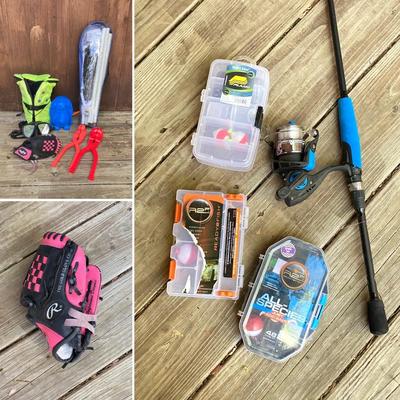 LOT 127: Let's Go Outside to Play - Children's Play Gear - LL Bean Life Jacket, Rawlings Baseball Glove, Fishing Rod with...
