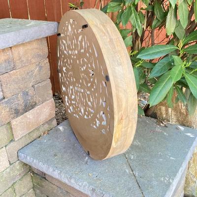 LOT 128: Home Decor Collection - Carved Circular Shelf, Wall Mirror, Heart Shaped Metal Table Mirror and Inspirational Artwork