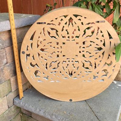 LOT 128: Home Decor Collection - Carved Circular Shelf, Wall Mirror, Heart Shaped Metal Table Mirror and Inspirational Artwork