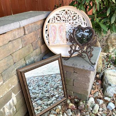 LOT 128: Home Decor Collection - Carved Circular Shelf, Wall Mirror, Heart Shaped Metal Table Mirror and Inspirational Artwork