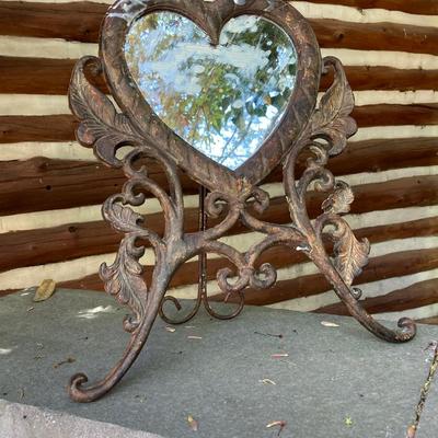 LOT 128: Home Decor Collection - Carved Circular Shelf, Wall Mirror, Heart Shaped Metal Table Mirror and Inspirational Artwork