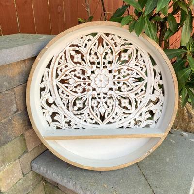 LOT 128: Home Decor Collection - Carved Circular Shelf, Wall Mirror, Heart Shaped Metal Table Mirror and Inspirational Artwork