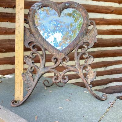 LOT 128: Home Decor Collection - Carved Circular Shelf, Wall Mirror, Heart Shaped Metal Table Mirror and Inspirational Artwork