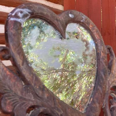 LOT 128: Home Decor Collection - Carved Circular Shelf, Wall Mirror, Heart Shaped Metal Table Mirror and Inspirational Artwork
