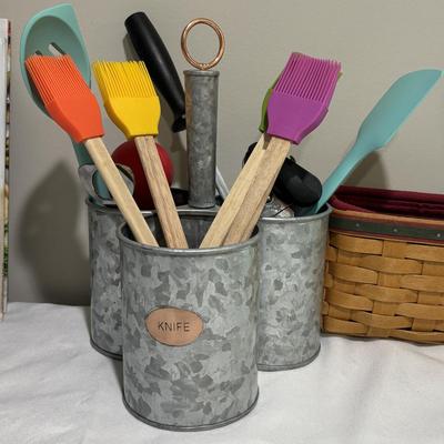 LOT 136: Kitchen Collection Featuring Longaberger Basket, Crate & Barrel and Food Network Utensils,(40) Burlap Flatware Holders,...