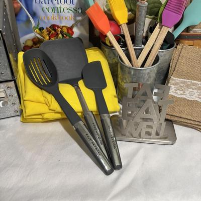 LOT 136: Kitchen Collection Featuring Longaberger Basket, Crate & Barrel and Food Network Utensils,(40) Burlap Flatware Holders,...