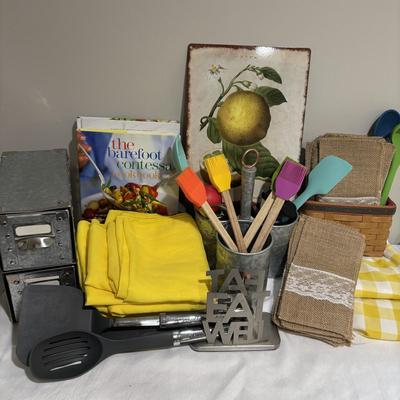 LOT 136: Kitchen Collection Featuring Longaberger Basket, Crate & Barrel and Food Network Utensils,(40) Burlap Flatware Holders,...