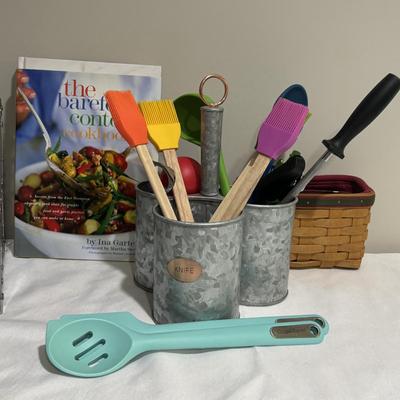 LOT 136: Kitchen Collection Featuring Longaberger Basket, Crate & Barrel and Food Network Utensils,(40) Burlap Flatware Holders,...