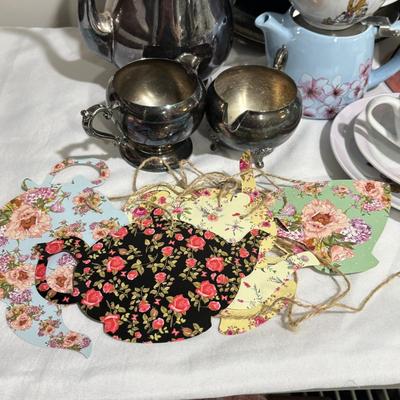 LOT 137: Reed & Barton Tea Pot and Willam Roger Service Set, Assorted Novelty Teapots,Cups and Saucers, Formica Tray, and More