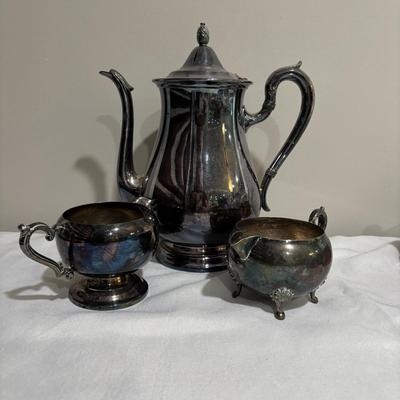 LOT 137: Reed & Barton Tea Pot and Willam Roger Service Set, Assorted Novelty Teapots,Cups and Saucers, Formica Tray, and More